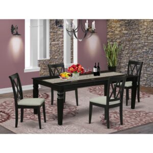 the eye appealing design of this dinette set liven up your dining space. This rectangular sturdy wooden table based on 4 straight legs with carved design has plenty of space for 4-8 people to sit and enjoy their meal comfortably. The dining table integrates an 18 inch self-storage extension leaf which can be stored right beneath the table top. This wonderful kitchen table makes a really great addition for all kitchen space and corresponds all sorts of dining-room concepts. Slender Double X back dining chairs present fashionable and cozy seating