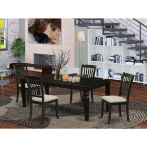 the eye appealing design of this dinette set liven up your dining space. This rectangular sturdy wooden table based on 4 straight legs with carved design has plenty of space for 4-8 people to sit and enjoy their meal comfortably. The dining table integrates an 18 inch self-storage extension leaf which can be stored right beneath the table top. This wonderful kitchen table makes a really great addition for all kitchen space and corresponds all sorts of dining-room concepts. This eye-catching Danbury dining room chair offers a modern and sophisticated look. The kitchen chairs come with a Linen upholstery seat to fit personal preference and perfect design. This Stylish dining chair features curved front legs. Elegant dinette chairs feature 7 vertical slats to give any dining area a touch of class and sophistication. Finished in elegant Black Color. This budget friendly