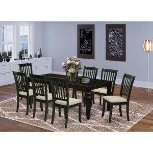 the eye appealing design of this dining set liven up your dining space. This rectangular sturdy wooden table based on 4 straight legs with carved design has plenty of space for 4-8 people to sit and enjoy their meal comfortably. The dining table integrates an 18 inch self-storage extension leaf which can be stored right beneath the table top. This wonderful kitchen table makes a really great addition for all kitchen space and corresponds all sorts of dining-room concepts. This eye-catching Danbury dining room chair offers a modern and sophisticated look. The Kitchen dining chairs come with a Linen upholstery seat to fit personal preference and perfect design. This Stylish dining chair features curved front legs. Elegant kitchen chairs feature 7 vertical slats to give any dining area a touch of class and sophistication. Finished in elegant Black Color. This budget friendly