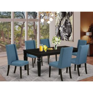 This dining room set includes 6 awesome parson chairs and an excellent 4 legs dining table. The modern dining table set provides a Black Finish hardwood dinette table and frame and a wonderful Mineral Blue parson chairs seat and high back that bring elegance to your dining area and boost the charm of your great living area. The high quality of our gorgeous chairs helps our beautiful customers to get relaxation and feel free when getting their meal. This wood table built from superior quality rubber wood which can bear the weight of 300 Lbs. Our parson chairs have a wooden structure with a luxury seat of high-quality foam which is covered with Linen Fabric that offers you relaxation with friends or family. This listing has a premium color of Black finish for a dinette table and Mineral Blue 6-piece of dining room chairs. Our lovely premium colors increase the beauty of your dining area and offer a magnificent appearance to your dining area or dining area. East West furniture usually built from modern furniture along with easy assembling parts. We try to keep our furniture parts innovative as well as simple. Our high-class modern dining table set is ideal for your attractive living area as well as the kitchen. You can use it for casual home parties. Keep enjoying East West modern furniture!