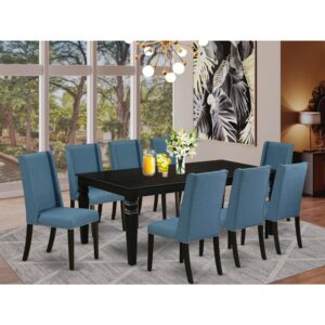 This kitchen table set includes 8 fantastic parson dining chairs and an excellent 4 legs small dining table. The modern dining table set delivers a Black solid wood dining table and body and a fantastic Mineral Blue parson chairs seat and high back that bring magnificence to your dining-room and enhance the charm of your excellent living area. The high-quality of our amazing chairs helps our beautiful customers to get relaxation and feel free when getting their meal. This wood table crafted from prime quality rubber wood which can bear the weight of 300 Lbs. Our upholstered dining chairs have a wooden frame with a luxury seat of premium quality foam which is covered with Linen Fabric that gives you relaxation with friends or family. This listing has a premium color of Black finish for kitchen table and Mineral Blue finish 8-piece of Dining Chairs. Our lovely premium colors increase the beauty of your dining-room and give a magnificent appear to your dining area or dining area. East West furniture always manufactured from modern furniture along with easy assembling parts. We try to keep our furniture parts modern as well as simple. Our high class dining room table set is great for your amazing dining area as well as the kitchen. You can use it for casual home parties. Keep enjoying East West modern furniture!