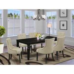 the eye appealing design of this dinette set liven up your dining space. This rectangular sturdy wooden table based on 4 straight legs with carved design has plenty of space for 4-8 people to sit and enjoy their meal comfortably. The dining table integrates an 18 inch self-storage extension leaf which can be stored right beneath the table top. This wonderful kitchen table makes a really great addition for all kitchen space and corresponds all sorts of dining-room concepts. A regal and affordable Parson chair offers a touch of beauty to any dining room and provides a sensible seating arrangements. The upholstered dining chair features a beautiful stitched exterior. Tall back