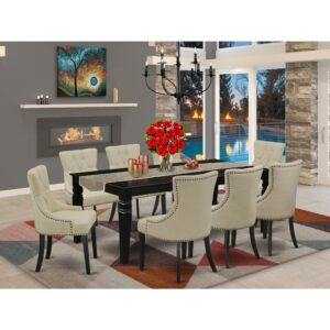 the eye appealing design of this dining set liven up your dining space. This rectangular sturdy wooden table based on 4 straight legs with carved design has plenty of space for 4-8 people to sit and enjoy their meal comfortably. The dining table integrates an 18 inch self-storage extension leaf which can be stored right beneath the table top. This wonderful kitchen table makes a really great addition for all kitchen space and corresponds all sorts of dining-room concepts. A regal and affordable Parson chair offers a touch of beauty to any dining room and provides a sensible seating arrangements. The upholstered parson chair features a beautiful stitched exterior. Tall back