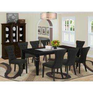This dining room set includes 8 remarkable Dining Chairs and a great 4 legs small dining table. The modern dinette set gives a Black hardwood dinette table and frame and a fantastic Black upholstered dining chairs seat and high back that bring elegance to your dining area and enhance the elegance of your great dining area. The prime quality of our stunning chairs helps our lovely customers to get relaxation and feel free when getting their meal. This butterfly leaf dining table created from superior quality rubber wood which can bear the weight of 300 Lbs. Our parson dining chairs have a wooden frame with a luxury seat of high-quality foam which is covered with Linen Fabric that provides you relaxation with family or friends. This listing has a premium color of Black finish for wood table and Black finish of parson chairs. Our attractive premium colors increase the beauty of your dining area and offer a luxurious look to your dining area or dining area. East West Furniture usually created from modern furniture along with easy assembling parts. We try to keep our furniture parts innovative as well as simple. Our high-class dining room table set is great for your attractive living area as well as the kitchen. You can use it for casual home parties. Keep enjoying East West modern furniture!