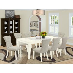 This rectangular dining table set includes 8 amazing upholstered dining chairs and a wonderful 4 legs small dining table. The modern kitchen dining table set delivers a Linen White solid wood kitchen table and body and a great Doeskin parson chairs seat and high back that bring magnificence to your dining area and boost the charm of your great dining area. The superior quality of our amazing chairs helps our wonderful customers to get relaxation and feel free when getting their meal. This butterfly leaf dining table crafted from prime quality rubber wood which can bear the weight of 300 Lbs. Our dining room chairs have a wooden structure with a luxury seat of premium quality foam which is covered with Linen Fabric that offers you relaxation with friends or family. This listing has a premium color of Linen White finish for wood dining table and Doeskin finish of parson chairs. Our wonderful premium colors enhance the beauty of your living area and provide a high-class look to your dining area or dining area. East West Furniture usually constructed from modern furniture along with easy assembling parts. We try to keep our furniture parts modern as well as simple. Our high-class kitchen table set is best for your amazing dining area as well as the kitchen. You can use it for casual home parties. Keep enjoying East West modern furniture!