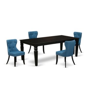 East West Furniture LGSI5-BLK-21 of four-piece dining chairs with Linen Fabric Mineral Blue color and a beautiful dinner table with Black color