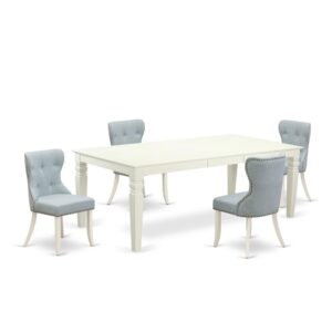 East West Furniture LGSI5-LWH-15 of four-piece kitchen dining chairs with Linen Fabric Baby Blue color and an attractive two-side 18 butterfly leaf rectangle dining table with Linen White color