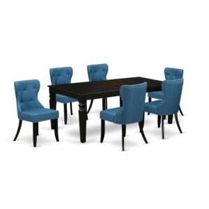 East West Furniture LGSI7-BLK-21 of six pieces of kitchen dining chairs with Linen Fabric Mineral Blue color and an attractive two-side 18 butterfly leaf rectangle kitchen table with Black color