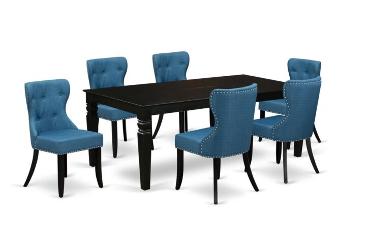 East West Furniture LGSI7-BLK-21 of six pieces of kitchen dining chairs with Linen Fabric Mineral Blue color and an attractive two-side 18 butterfly leaf rectangle kitchen table with Black color