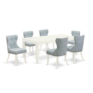 East West Furniture LGSI7-LWH-15 of six pieces of parson chairs with Linen Fabric Baby Blue color and a delightful two-side 18 butterfly leaf rectangle wooden dining table with Linen White color