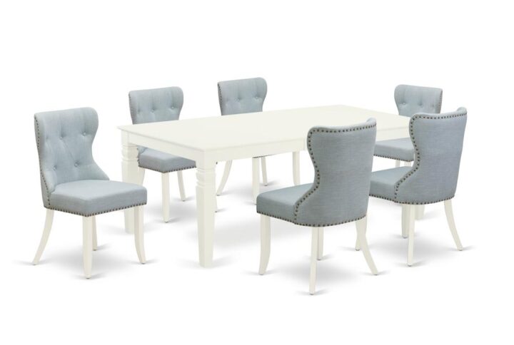 East West Furniture LGSI7-LWH-15 of six pieces of parson chairs with Linen Fabric Baby Blue color and a delightful two-side 18 butterfly leaf rectangle wooden dining table with Linen White color
