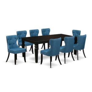 East West Furniture LGSI9-BLK-21 of 8-piece dining chairs with Linen Fabric Mineral Blue color and a beautiful two-side 18 butterfly leaf rectangle kitchen table with Black color
