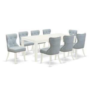 East West Furniture LGSI9-LWH-15 of 8-piece kitchen chairs with Linen Fabric Baby Blue color and a stunning mid century dining table with Linen White color