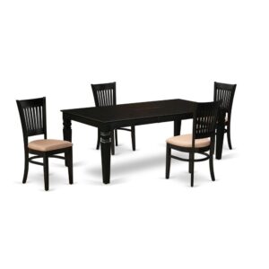 Our modern dining table set includes 4 beautiful wooden chairs and an amazing 4 legs breakfast table. The modern dining table set provides a Black solid wood mid century dining table and amazing black dining chairs that will enhance the elegance to your living area. This rectangular breakfast table was created from good quality rubber wood. These dining chairs have manufactured from top quality wood that can Endurance to 300lbs weight. This kitchen table set is colored with a superior quality Black finish. You can clean this modern dinette set simply with any furniture clearance. This small dinette set assembles quickly because of its simple design. You can put together this modern dining table set one place to another simply. The modern dinette set is one of the most important pieces of furniture in your house. It not only becomes the place to eat meals