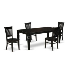 Our kitchen set consists of 4 attractive kitchen dining chairs and an amazing 4 legs dining table. The modern kitchen dinette set provides a Black hardwood dinette table and great black wooden wood dining chair that will boost the style to your living area. This rectangular breakfast table is made of high-quality rubber wood. This dinette table has been created from high-quality woods that can Endurance to 300lbs weight. This dinette set is colored with a premium quality Black finish. You can clean this set easily with any furniture clearance. This dining table set puts together simply because of its easy style. You can put together this small dining table set one place to another easily. The wood dining table set is one of the most essential pieces of furniture in your house. It not only becomes the place to eat meals