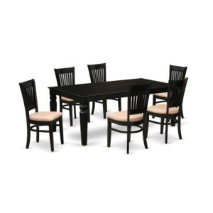 Our dining room table set includes 6 beautiful wooden chairs and an amazing 4 legs wood table. The butterfly leaf dining table set gives a Black solid wood table and wonderful black wooden dining chairs that will enhance the elegance to your living area. This rectangular dining room table is constructed from good quality rubber wood. These modern dining chairs have manufactured from high-quality wood that can Endurance to 300lbs weight. This kitchen dinette set is colored with a good quality Black finish. You can clean this dinette set simply with any furniture clearance. This wood dinette set assembles quickly because of its simple design. You can put together this dining room set one place to another quickly. The dining table set is one of the most essential pieces of furniture in your house. It not only becomes the place to eat meals