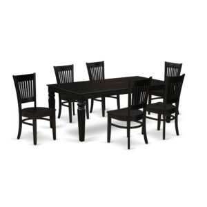 This modern dinette set includes 6 lovely wood dining chairs and a fantastic 4 legs dining table. The modern dining table set delivers a Black hardwood dining table and great black solid wood mid century dining chair that will boost the elegance to your kitchen. This rectangular kitchen dining table is built from premium quality rubber wood. This wood table has made of high-quality wooden that can Endurance to 300lbs weight. This dining table set is colored with a good quality Black finish. You can clean this set simply with any furniture clearance. This dinette set assembles easily because of its simple style. You can build this dining table set one place to another easily. The dining set is one of the most essential pieces of furniture in your house. It not only becomes the place to eat meals