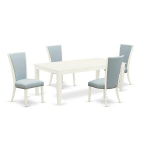East West Furniture LGVE5-LWH-15 of four-piece parson chairs with Linen Fabric Baby Blue color and a beautiful two-side 18 butterfly leaf rectangle kitchen table with Linen White color