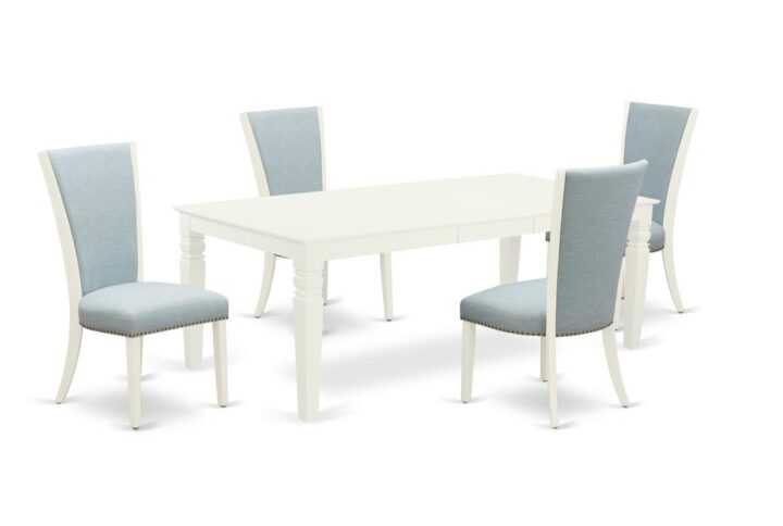 East West Furniture LGVE5-LWH-15 of four-piece parson chairs with Linen Fabric Baby Blue color and a beautiful two-side 18 butterfly leaf rectangle kitchen table with Linen White color