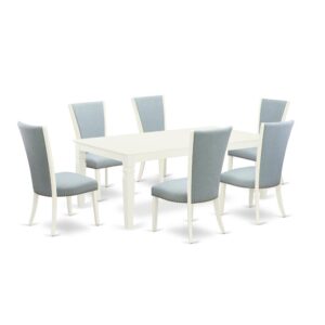 East West Furniture LGVE7-LWH-15 of six pieces of dining chairs with Linen Fabric Baby Blue color and a delightful two-side 18 butterfly leaf rectangle kitchen table with Linen White color
