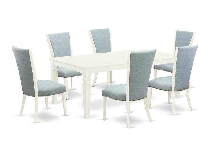 East West Furniture LGVE7-LWH-15 of six pieces of dining chairs with Linen Fabric Baby Blue color and a delightful two-side 18 butterfly leaf rectangle kitchen table with Linen White color