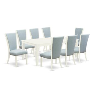 East West Furniture LGVE9-LWH-15 of 8-piece parson chairs with Linen Fabric Baby Blue color and an attractive two-side 18 butterfly leaf rectangle kitchen table with Linen White color