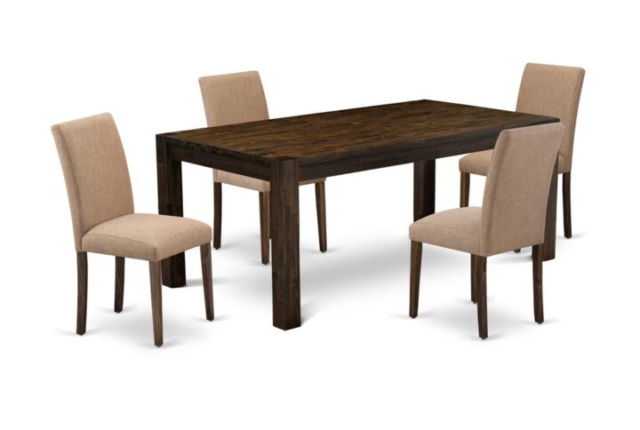 Introducing East West furniture's brand new Lismore home furniture set that can convert your house into a home. This exclusive and elegant dining set features a dining table combined with Parson Dining Chairs. Impressive wood texture with Distressed Jacobean color and the rectangle shape design describes the sturdiness and sustainability of the dining table. The perfect dimensions of this kitchen table set made it quite simple to carry