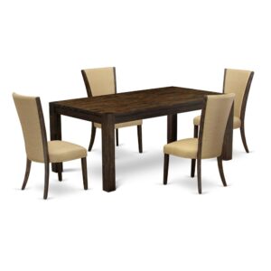 Introducing East West furniture's latest Lismore home furniture set which can turn your house into a home. This special and sophisticated dining set features a dining table combined with Parsons Dining Room Chairs. Impressive wood texture with Distressed Jacobean color and the rectangular shape design defines the strength and durability of the dining table. The perfect dimensions of this kitchen table set made it quite simple to carry