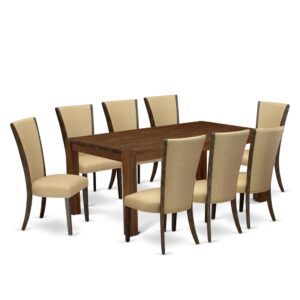 Introducing East West furniture's innovative Lismore home furniture set which can transform your house into a home. This exclusive and cutting edge dining set includes a dinette table combined with Parsons Chairs. Impressive wood texture with Distressed Jacobean color and the rectangular shape design describes the strength and sustainability of the dining table. The perfect dimensions of this dining table set made it quite simple to carry