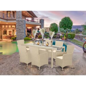 this weather-resistant Outdoor-Furniture set ensures years of uses with comfortability. The rectangular table with removable glass on the top blends well with your patio