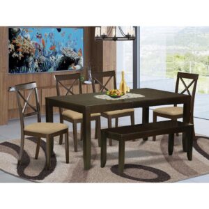 block design and a dazzling Cappuccino finish well-matched to pretty much any home decoration style.The dining room table set comes along with decorative X back dining room chairs provide the most pleasant design. Lavish and vibrant kitchen dining chair seats in either solid wood