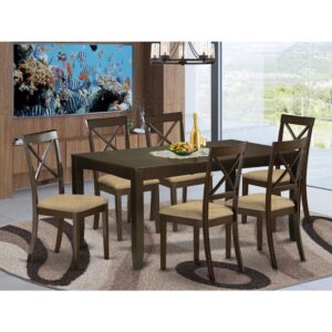 block style and an amazing Cappuccino color well-fitted to pretty much any home decoration style.The dining room table set includes decorative X back dining chairs offer the most cozy model. Plush and rich dining room chair seat in either solid wood