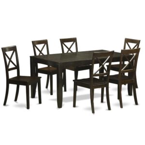 block design and an elegant Cappuccino color well-matched to any sort of home decoration style.The dining table set features attractive X back kitchen chairs give the most pleasant model. Luxurious and rich dining room chairs seats in either solid wood