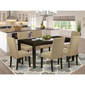 particle board or veneer top fabricated. This rectangular wooden table can fit 4 to 8 persons easily. These standard height side chairs offer luxurious seating as well as stylish design. Complete in a Cappuccino finish