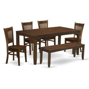 model and a beautiful Espresso finish well-fitted to any kind of home decoration style.The dining room table set comes with 5 attractive slat back kitchen chairs offer the most comfortable style plus one wood seat long bench. Plush and unique