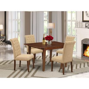 bring this luxurious MLBR5-MAH-04 dinette set includes a small rectangular dining table and four parson chairs. This dinette set is specifically created in a fashionable style with clean aspects which will direct and guide the room it occupies. The dining table stores an easily accessible extendable leaf to expand the counter Height dining table top space and fold and hide away to conserve precious space. This wooden table provides a strong