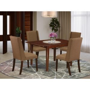 This dining room table set includes 4 remarkable parson chairs and an excellent 4 legs modern dining table. The modern dining set provides a Mahogany solid wood dining room table and body and a fantastic Brown Beige upholstered dining chairs seat and high back that bring elegance to your dining room and enhance the charm of your great dining area. The premium quality of our stunning chairs helps our beautiful customers to get relaxation and feel free when getting their meal. This butterfly leaf dining table crafted from good quality rubber wood which can bear the weight of 300 Lbs. Our parson chairs have a wooden frame with a luxury seat of high-quality foam which is covered with Linen Fabric that gives you relaxation with family or friends. This listing has a premium color of Mahogany finish for a small dining table and Brown Beige finishes upholstered dining chairs. Our attractive premium colors increase the beauty of your dining area and give a luxurious appearance to your living area or dining area. East West Furniture usually created from modern furniture along with easy assembling parts. We try to keep our furniture parts modern as well as simple. Our high-class kitchen dining table set is perfect for your gorgeous dining area as well as the kitchen. You can use it for casual home parties. Keep enjoying East West modern furniture!