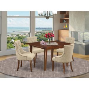 bring this luxurious MLFR5-MAH-05 dinette set includes a small rectangular dining table and four parson chairs. This dinette set is specifically created in a fashionable style with clean aspects which will direct and guide the room it occupies. The dining table stores an easily accessible extendable leaf to expand the counter Height dining table top space and fold and hide away to conserve precious space. This wooden table provides a strong