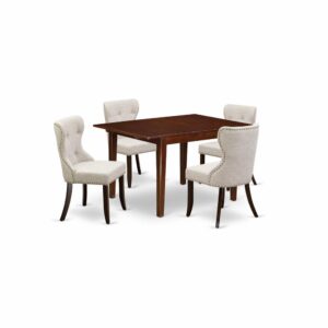 East West Furniture MLSI5-MAH-35 of four-piece indoor dining chairs with Linen Fabric Doeskin color and a stunning two-side 12 butterfly leaf rectangle wooden dining table with Mahogany color.