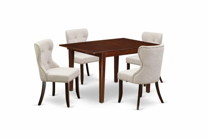 East West Furniture MLSI5-MAH-35 of four-piece indoor dining chairs with Linen Fabric Doeskin color and a stunning two-side 12 butterfly leaf rectangle wooden dining table with Mahogany color.