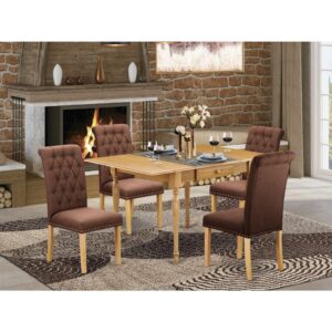 the dining set will be a delightful place for your friends and family to gather during meals and social activities. The suitable 5 piece dinette set contains a small kitchen table and four parson chairs. The rectangular-shaped solid wood table finished in oak is produced from Premium quality rubberwood known as Asian hardwood. The rectangle table integrates two 9-inch drop down leaves that provides additional space for extra food trays and drinks. The 2 drawers of the dining table amplify storage in the kitchen or dining room to help keep you organized. The easy to assemble dinette table ensures comfort and long-lasting use. A regal and affordable parsons chair offers a touch of beauty to any dining room and provides a sensible seating arrangement. The parson’s chairs feature a beautiful stitched exterior. Tall back