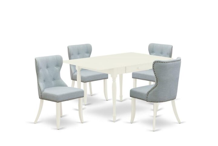 East West Furniture MZSI5-LWH-15 of four-piece indoor dining chairs with Linen Fabric Baby Blue color and a beautiful two-side drop leaf rectangle wooden dining table with Linen White color