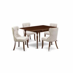 East West Furniture MZSI5-MAH-35 of four-piece dining room chairs with Linen Fabric Doeskin color and a beautiful two-side drop leaf rectangle wooden table with Mahogany color.
