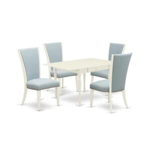 East West Furniture MZVE5-LWH-15 of four-piece indoor dining chairs with Linen Fabric Baby Blue color and an eye-catching modern dining table with Linen White color