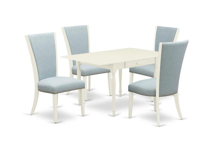 East West Furniture MZVE5-LWH-15 of four-piece indoor dining chairs with Linen Fabric Baby Blue color and an eye-catching modern dining table with Linen White color