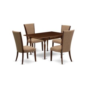East West Furniture MZVE5-MAH-47 of four-piece parson dining chairs with Linen Fabric Light Sable color and an attractive wood kitchen table with Mahogany color.