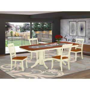 this gorgeous NADA5-BMK-W dining set is your desired one. The kitchen dinette table with built-in self-storage butterfly leaf which fits 4 to 8 persons. Dazzling solid wood table top with well-built carved pedestal support. Beveled rectangular shape to make welcoming kitchen space ambiance and finished in rich Buttermilk and Cherry