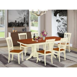 this gorgeous NADA7-BMK-W dining set is your desired one. The kitchen dinette table with built-in self-storage butterfly leaf which fits 4 to 8 persons. Dazzling solid wood table top with well-built carved pedestal support. Beveled rectangular shape to make welcoming kitchen space ambiance and finished in rich Buttermilk and Cherry