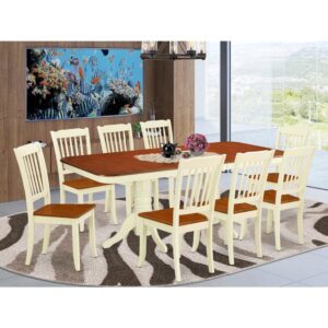 this gorgeous NADA9-BMK-W dining set is your desired one. The kitchen dinette table with built-in self-storage butterfly leaf which fits 4 to 8 persons. Dazzling solid wood table top with well-built carved pedestal support. Beveled rectangular shape to make welcoming kitchen space ambiance and finished in rich Buttermilk and Cherry