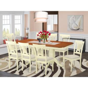 Decorate your house with this specific exquisite 9-Piece Buttermilk & Cherry Dining set and incorporate in it an inescapable charm. The dinette table set has a rectangular table top with a hardwood finish that sets a gorgeous contrast against the buttermilk table pedestals and dining chairs. The chairs provide comfy seating. The table pedestals located round the center guarantees you have enough room for your legs under the table. The natural shade of the dining set adds style and beauty to every kitchen area and dining room.